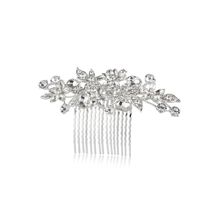Pettinino Floreale con Strass Argento 13x8 cm