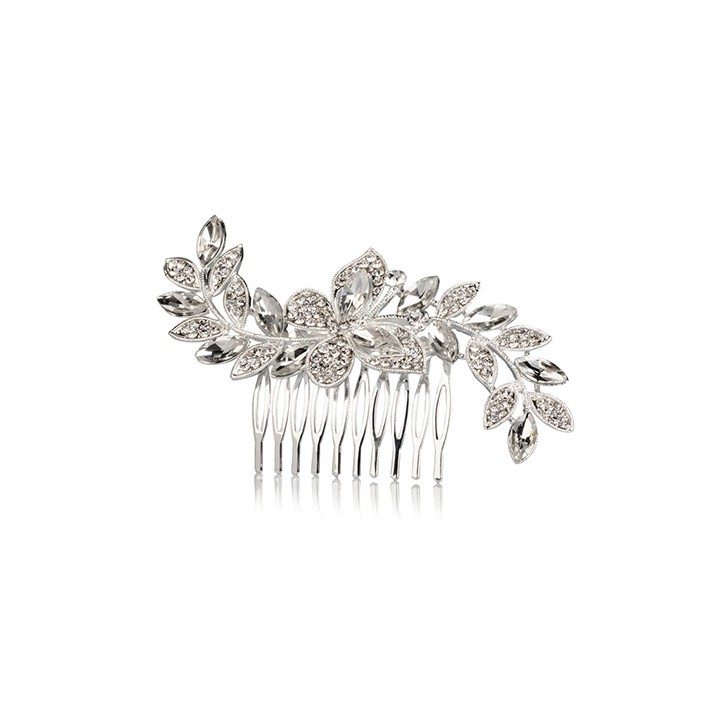 Pettinino Farfalla e Foglie Strass Argento 12x6,5 cm