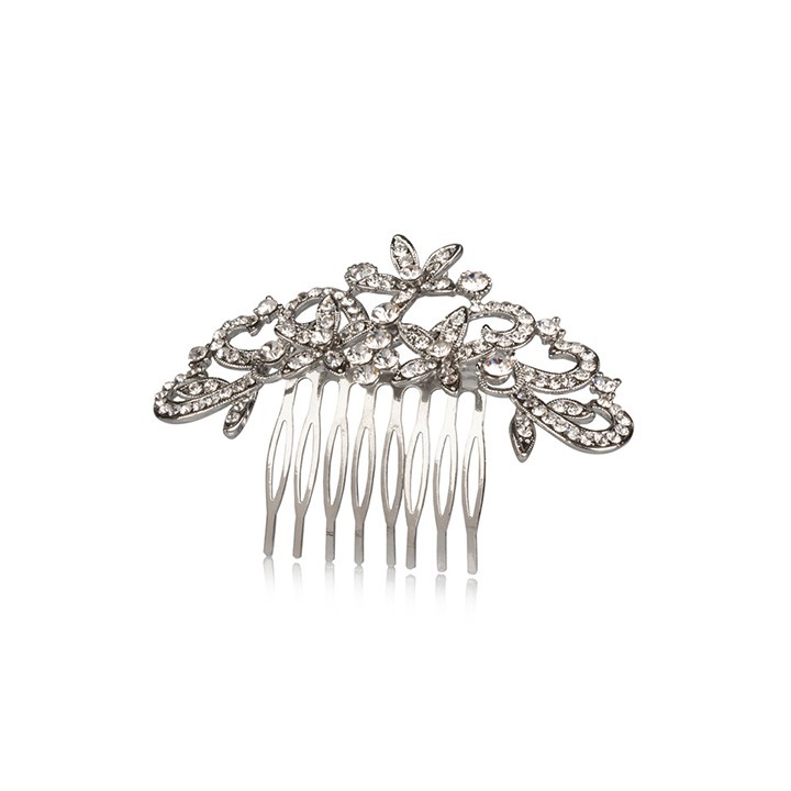Pettinino Metallo Fiori e Strass Argento 10x6,5 cm