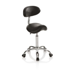 Poltroncina da lavoro a sella con schienale e base cromata